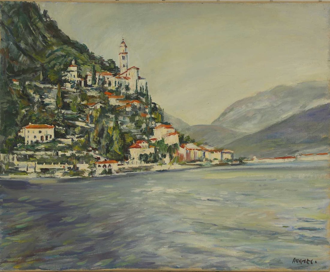 Nancy Weir Huntly (British, 1890-1963) A hillside town on the banks of a lake: Nancy Weir Huntly (British, 1890-1963) A hillside town on the banks of a lake signed 'HUNTLY' l.r., oil on canvas 51 x 61cm, unframed Condition Report: A couple of tiny pale brown speckles of