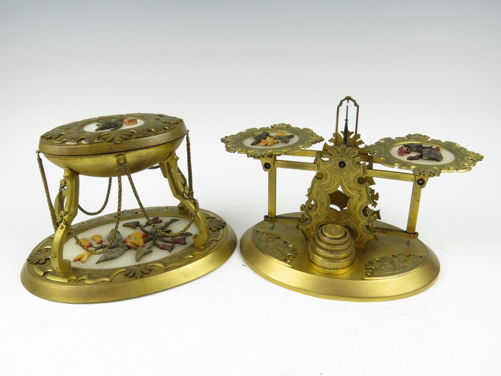 Sampson Mordan & Co., a rare set of gilt metal postal : Sampson Mordan & Co., a rare set of gilt metal postal scales, with matching inkwell, mid 19th century, stamped to the beam for retailer 'Howell James & Co, Regents Street, London', inset with florally