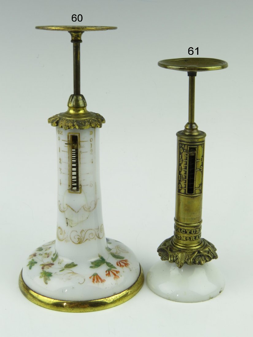Blews & Sons, a rare gilt metal and opaline glass post: Blews & Sons, a rare gilt metal and opaline glass postal scale, c.1840-1871, the gilt circular pan embossed 'W. Blews & Sons, Birmingham - Warranted Correct', with a gilt metal foliate capped opaline