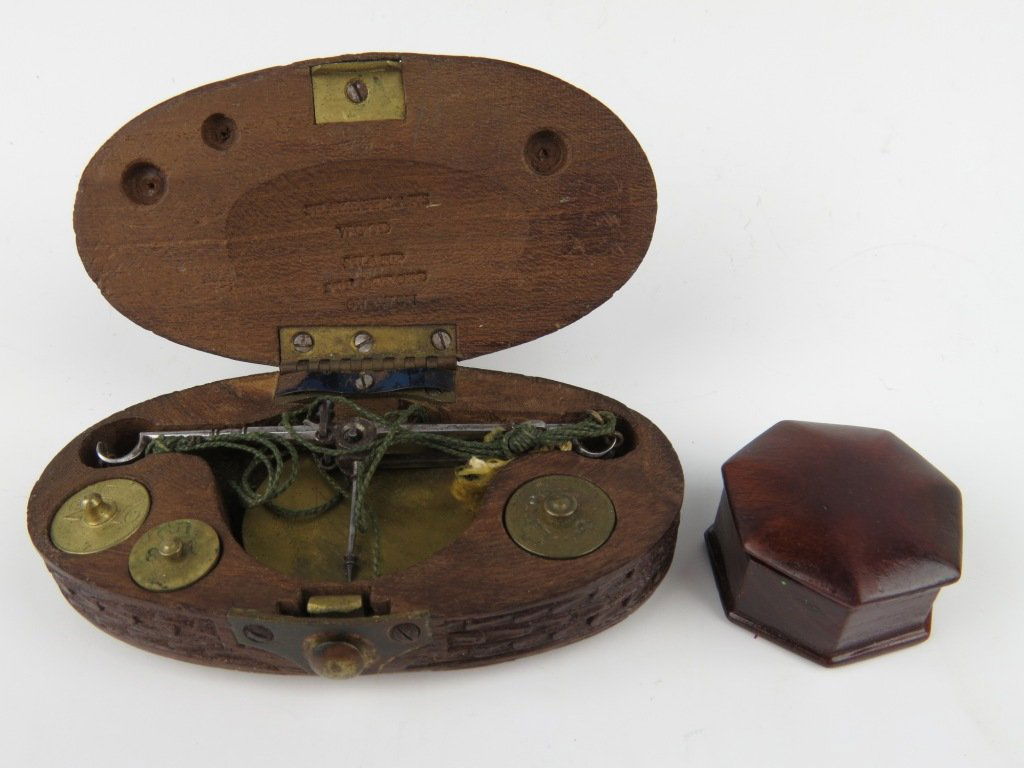Shakespeare's mulberry wood, Thomas Sharp, coin scale : Shakespeare's mulberry wood, Thomas Sharp, coin scale with box made from wood from Shakespeare's mulberry tree, the beam with swan's neck ends supporting two thick gauge pans, within a cut from solid