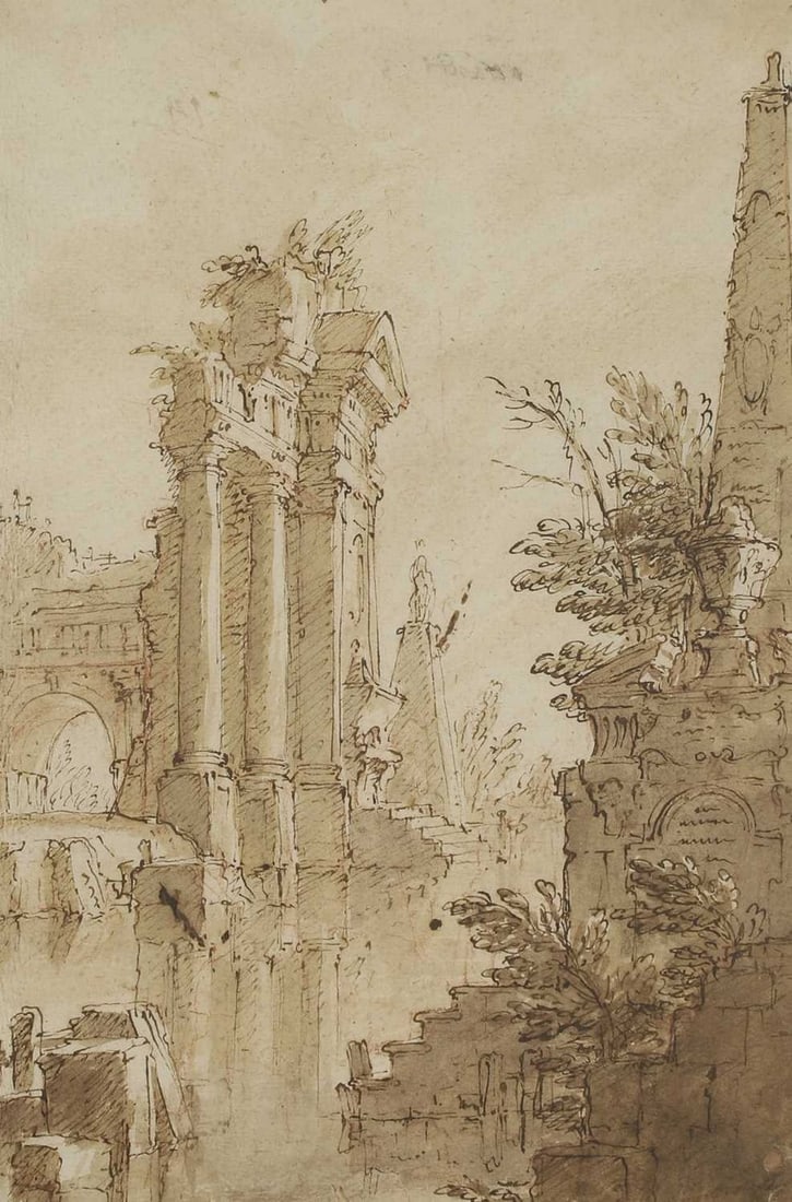 Mauro Antonio Tesi (Italian, 1730-1766) A capriccio of classical ruins by a river (1 of 3)