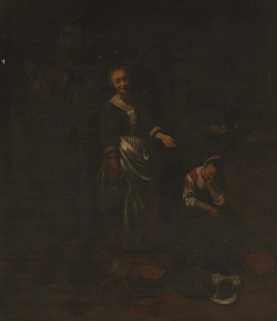 After Nicolaes Maes 'The Idle Servant': After Nicolaes Maes 'The Idle Servant' oil on canvas (51 x 45.5cm; framed 60 x 55cm) Condition Report: Unlined. Craquelure and stretcher marks. The paint is starting to lift in the upper centre with t
