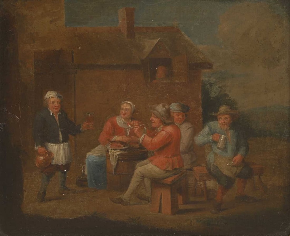 Manner of David Teniers the Younger Peasants drinking outside a tavern (1 of 3)
