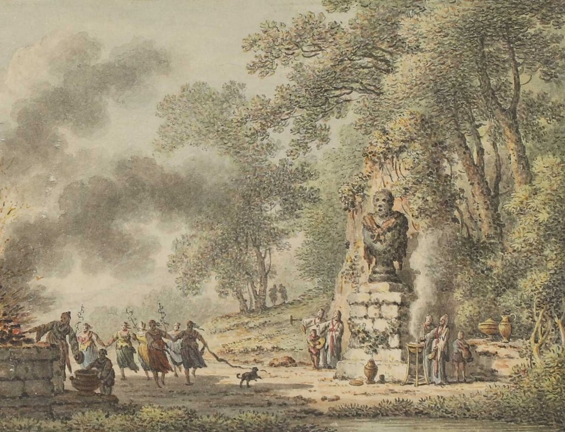 Johann Heinrich Müntz (Swiss, 1727-1798) A pagan ritual: Johann Heinrich Müntz (Swiss, 1727-1798) A pagan ritual watercolour (9 x 12cm; framed 18 x 21cm) Condition Report: A little time staining commensurate with age, however presents well overall. The