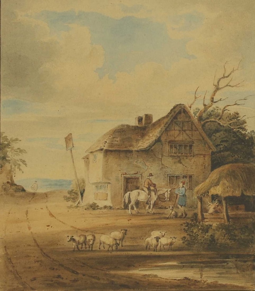 James Baynes (British, 1766-1837) A farmhouse with animals by a pond: James Baynes (British, 1766-1837) A farmhouse with animals by a pond watercolour (15.5 x 13cm; framed 31 x 27cm) Condition Report: Time staining and fading commensurate with age. Not viewed out of gla