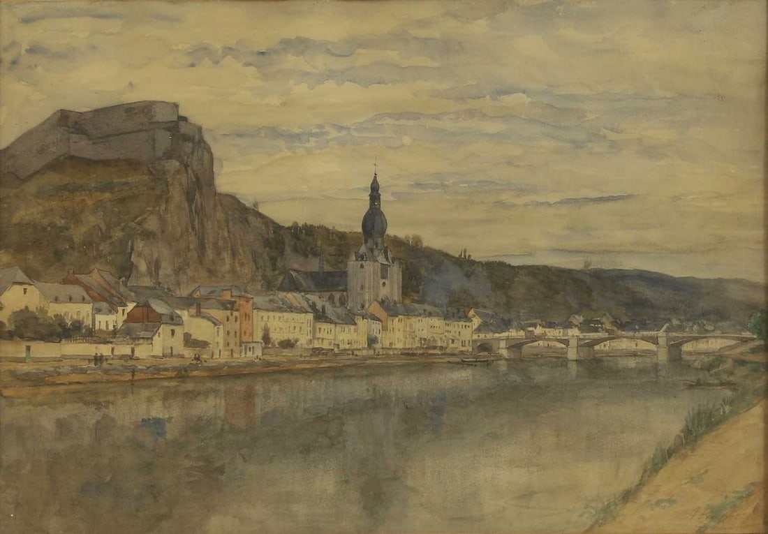 A... P... (late 19th century) A view of Dinant, Belgium: A... P... (late 19th century) A view of Dinant, Belgium indistinctly signed 'A. P...' l.r. and inscribed 'Dinant' l.l., watercolour (32 x 43cm; framed 59 x 70cm) Condition Report: A little very light 