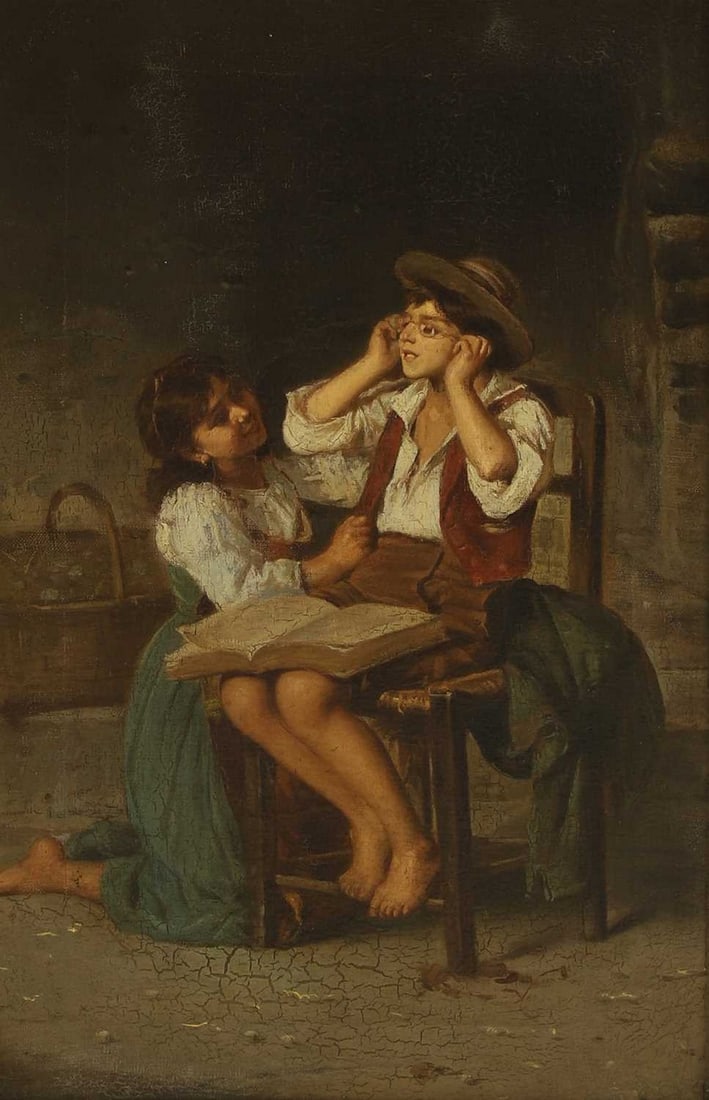 Manner of Luigi Bechi The reading lesson: Manner of Luigi Bechi The reading lesson oil on canvas (39.5 x 26cm; framed 58 x 43.5cm) Condition Report: Unlined. Stretcher marks. Craquelure and crazing. Paint has contracted in lower half, please 