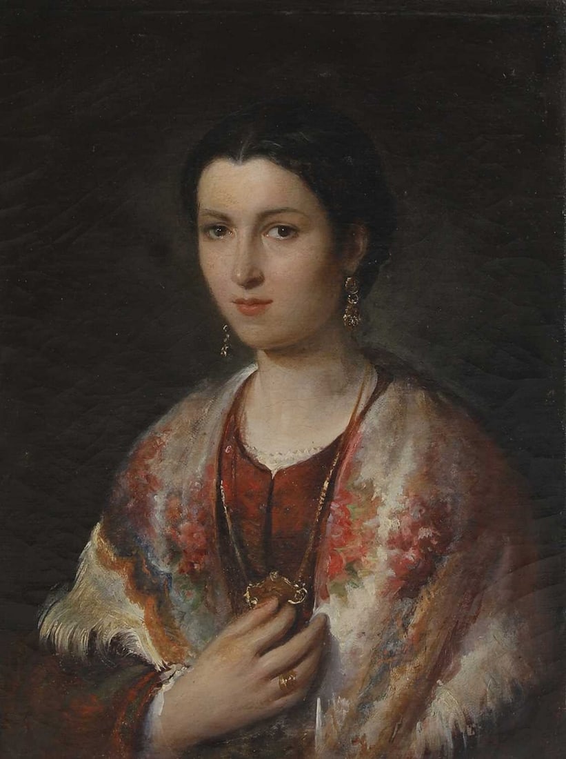 Italian School, 19th century Portrait of a girl, bust-length, in a floral shawl (1 of 3)