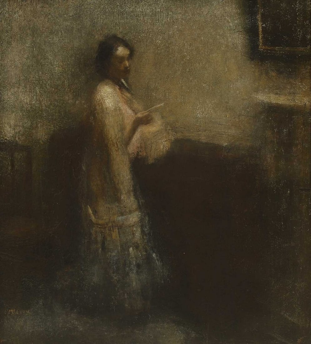 Ambrose McEvoy ARA (British, 1878-1927) The letter: Ambrose McEvoy ARA (British, 1878-1927) The letter signed 'McEvoy' l.l., oil on canvas (44x 38.5cm; framed 58 x 53cm) Condition Report: The surface of the painting has an unusual rippled texture with 