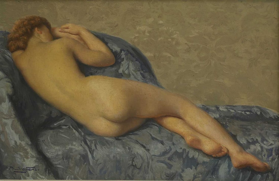 ▲ Paul Sieffert (French, 1874-1957) 'Model Resting': ▲ Paul Sieffert (French, 1874-1957) 'Model Resting' signed 'P. Sieffert' l.l., also signed verso, oil on board (16 x 34cm; framed 30 x 37cm) Provenance: With Gladwell & Co.,Ltd., London. Conditi