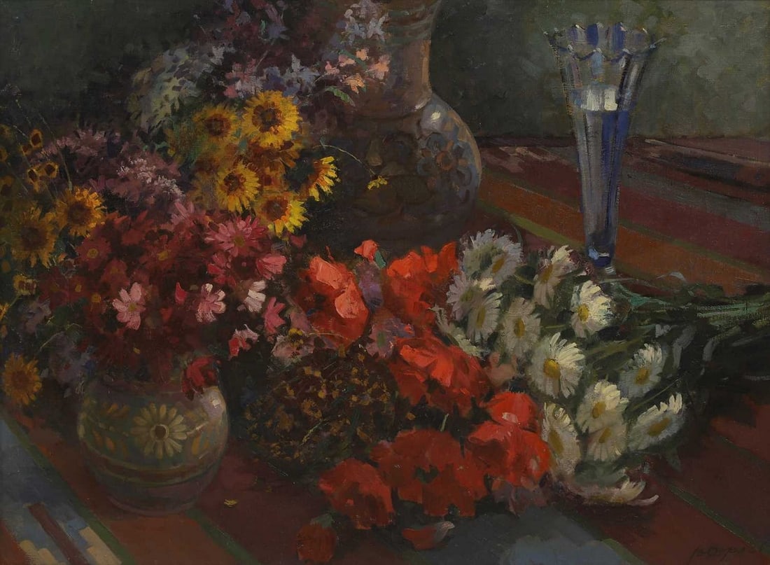 Vasily Sergeyevich Orlov (Russian, 1910-2010) 'Daisies, Poppies and Chamomile', 1953: Vasily Sergeyevich Orlov (Russian, 1910-2010) 'Daisies, Poppies and Chamomile', 1953 signed in Cyrillic l.r., oil on canvas (75 x 100cm; framed 90 x 115cm) Condition Report: On close inspection there 