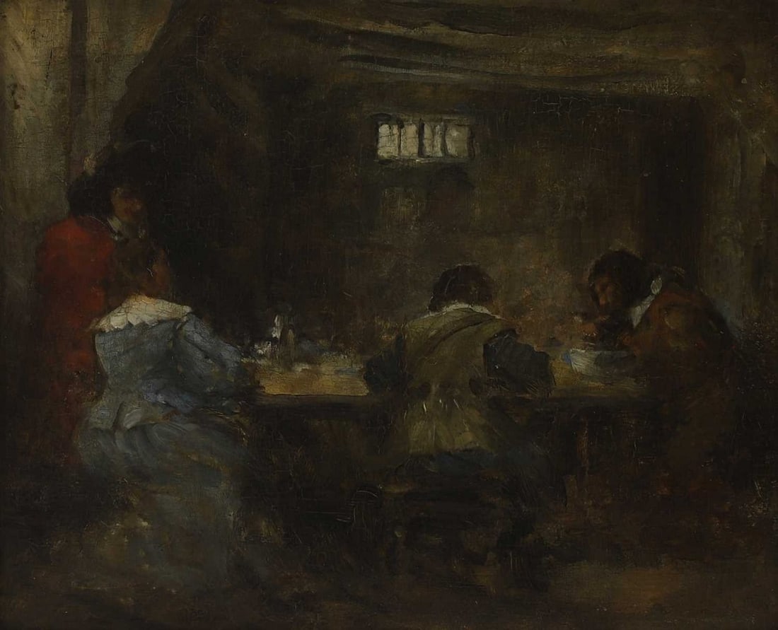 ▲ James Devine Aylward (British, 1871-1966) The Travellers: ▲ James Devine Aylward (British, 1871-1966) The Travellers oil on board, indistinctly inscribed '.... May 1914/ J. D. Aylward/ painted May 1911-12' with further reference to a sketch by W A Brea