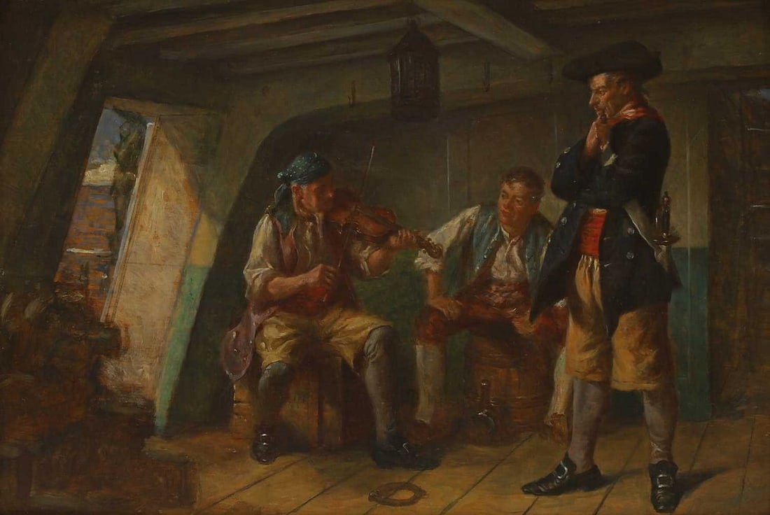 ▲ James Devine Aylward (British, 1871-1966) The fiddle player: ▲ James Devine Aylward (British, 1871-1966) The fiddle player oil on board (17 x 25cm; framed 31.5 x 39.5cm) Condition Report: Under raking light some horizontal lines can be seen across the wor
