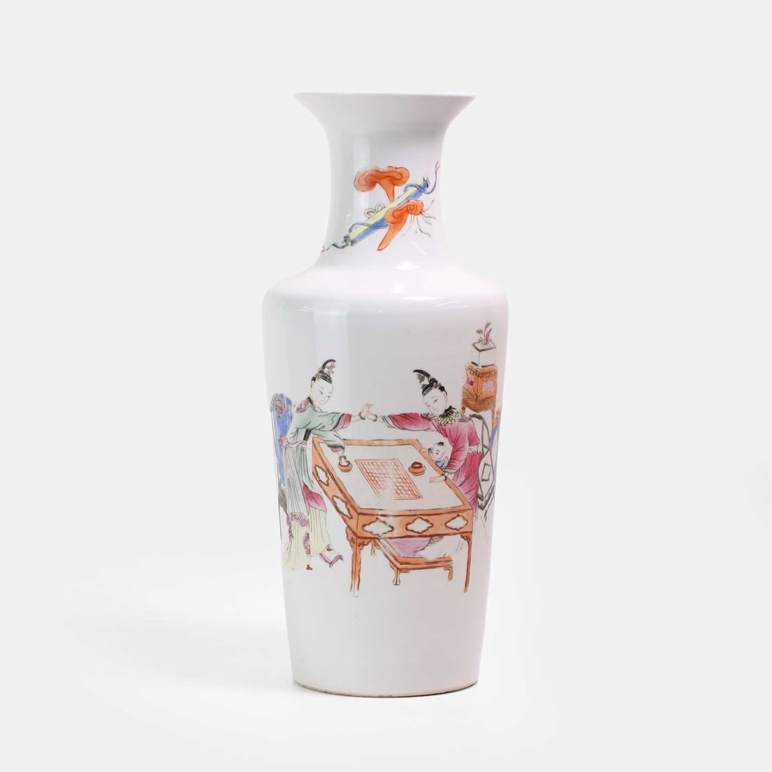 A Chinese famille rose vase,: A Chinese famille rose vase, of rouleau form, the body painted with two ladies playing a game with a boy, the neck decorated with Buddhist emblems 18cm wide, 44cm high Condition Report: Drilled and