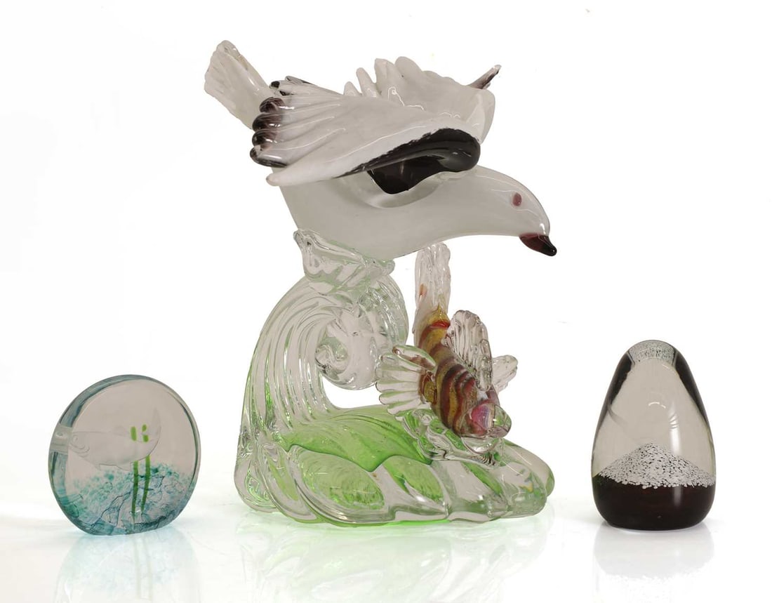 A glass group, of recent manufacture,: A glass group, of recent manufacture, to include a large model of a Salmon and Eagle, and two paperweights, one with red and white base and the other engraved with a salmon, edition number 397/500