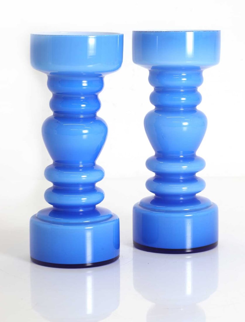 A pair of blue glass vases, c.1970s,: A pair of blue glass vases, c.1970s, Swedish in style, of shaped form, with light blue exterior encasing a white interior 2