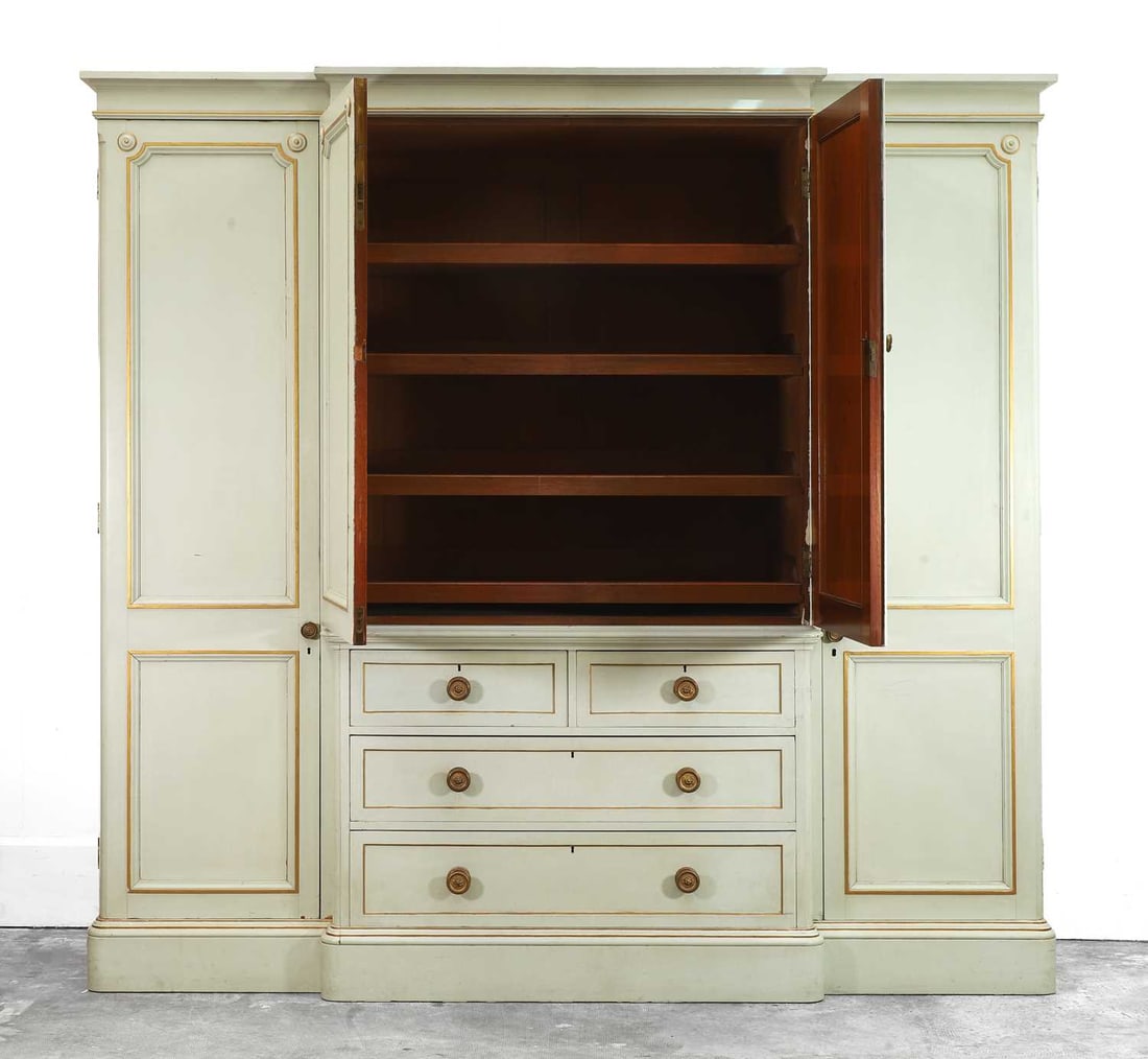 A painted mahogany breakfront linen press, late 19th century, - 2