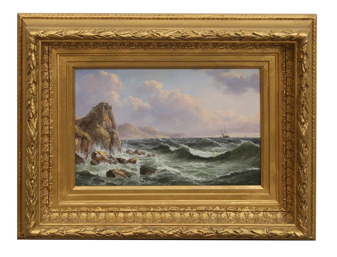 John Mundell (British, 1818-1875) A distant steamer offshore in stormy seas: John Mundell (British, 1818-1875) A distant steamer offshore in stormy seas signed 'J Mundell' l.r., oil on board 22 x 30cm; framed 36 x 45cm Condition Report: Presents well. Not examined under UV