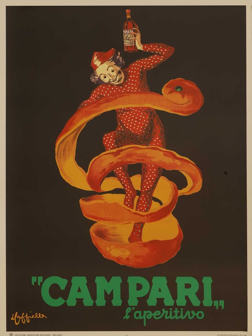 A Campari poster, 20th century,: A Campari poster, 20th century, depicting a clown poised within a spiraling orange rind holding a bottle of Campari, 68.5cm wide