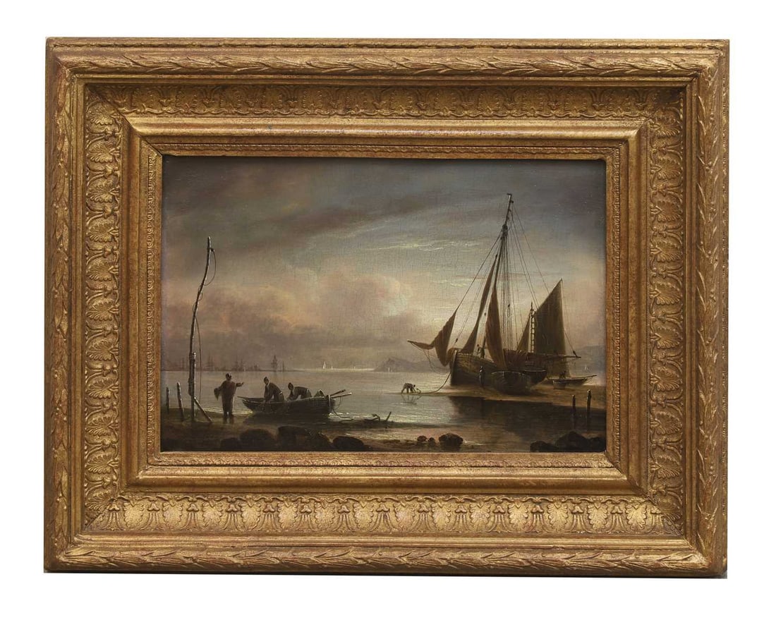 John Wallace Tucker (British, 1808-1869) A barge mooring and figures on beach at twillight (1 of 2)
