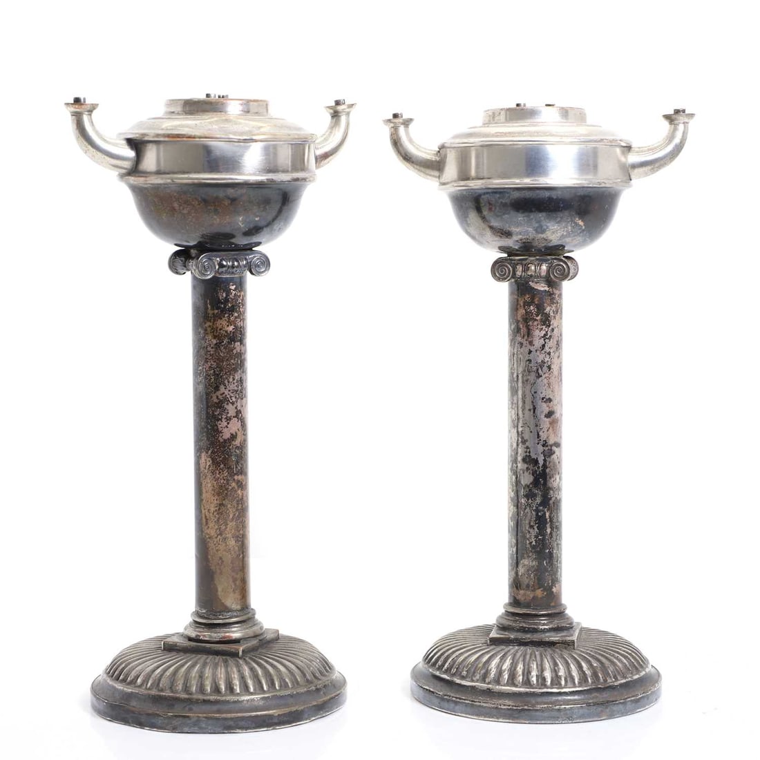 A pair of silver plated grand tour style oil lamps, 19th century, (1 of 3)