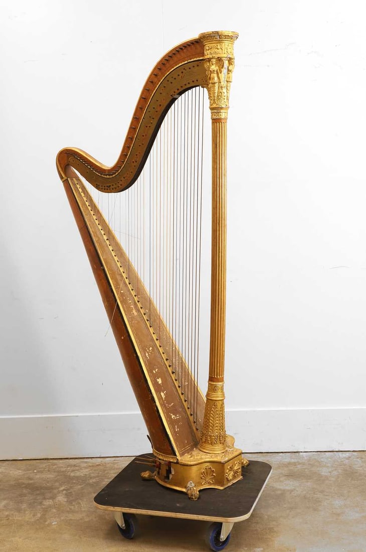 A regency Sebastian Erard 43-string 'double-action' harp, Circa 1810s,: A regency Sebastian Erard 43-string 'double-action' harp, Circa 1810s, engraved No. 483 to the left hand brass side plate, in the grecian style, with a fluted and gilt column and capital, raised