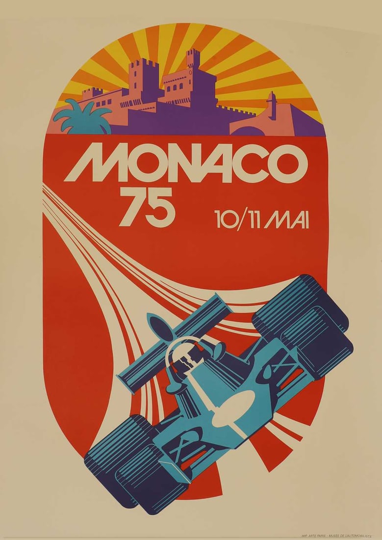 After a Monaco 75 GP poster, Circa 1991,: After a Monaco 75 GP poster, Circa 1991, showing front sillhouette of 70s GP car, upon red ground road, unframed 64cm wide Condition Report: very good condition