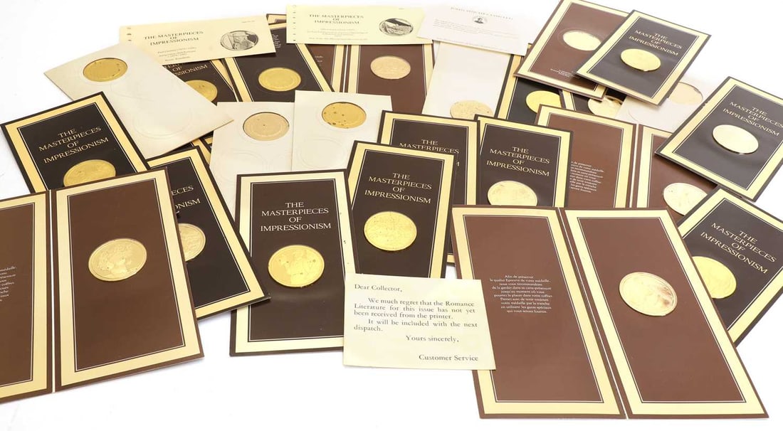 Medals,: Medals, 25 x 'The Masterpieces of Impressionism' silver-gilt medallions by John Pinches, complete with presentation case and some certificates, each medallion weighing 500 grains