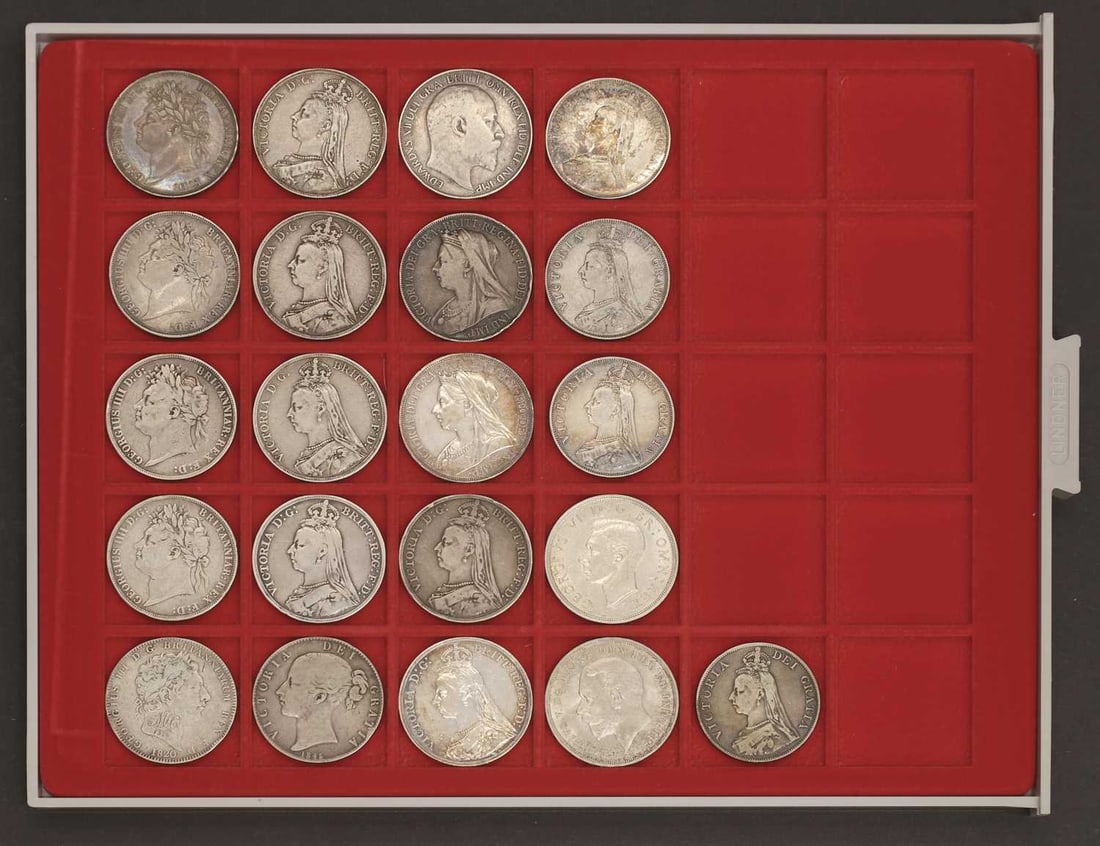 Coins, Great Britain,: Coins, Great Britain, an assortment of Crowns ranging from 1820 to 1937, F or better, together with four Double Florins from 1887 to 1890, all F or better (21 coins in total)