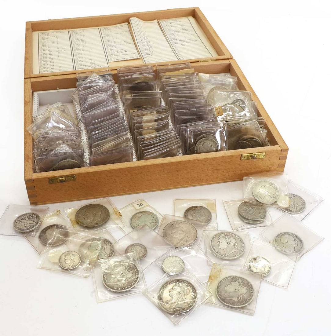 Coins, Great Britain & World,: Coins, Great Britain & World, a selection of coins including an 1819 Crown, rubbed, an 1821 Crown, NF, an 1822 Crown, NF, an assortment of Victorian Crowns, Double Florins, Halfcrowns and World coins