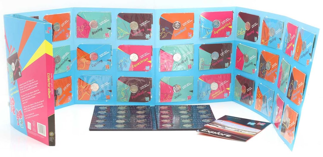Coins, Great Britain, Elizabeth II (1952-2022),: Coins, Great Britain, Elizabeth II (1952-2022), The London 2012 Sports Collection Collector Album, 29 coins + the completer coin, together with a 50 Pence Sports Album (obtained from The Olympic Park)