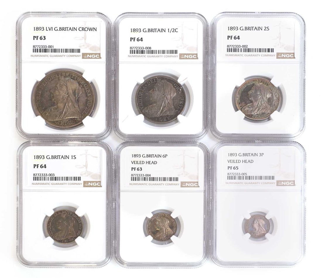 Coins, Great Britain, Victoria (1837-1901),: Coins, Great Britain, Victoria (1837-1901), Proof set, 1893, silver, six coins, all NGC slabbed - Crown, PF63, Halfcrown, PF64, Florin, PF64, Shilling, PF64, Sixpence, PF63 and Threepence, PF65,