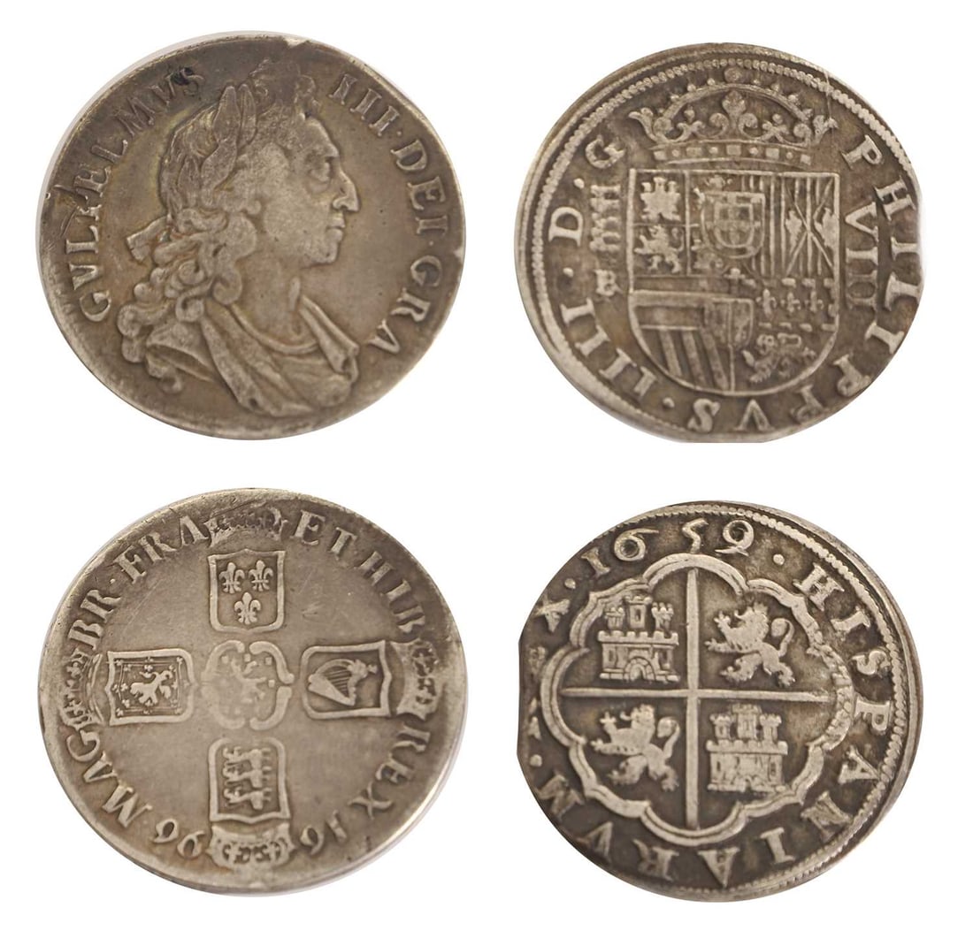 Coins, Spain, Philip IV (1621-1665),: Coins, Spain, Philip IV (1621-1665), 8 Reales, 1659, VF with clipping to edge, together with a William III Crown, 1696, F with signs of being mounted, and a collection of assorted coins and notes