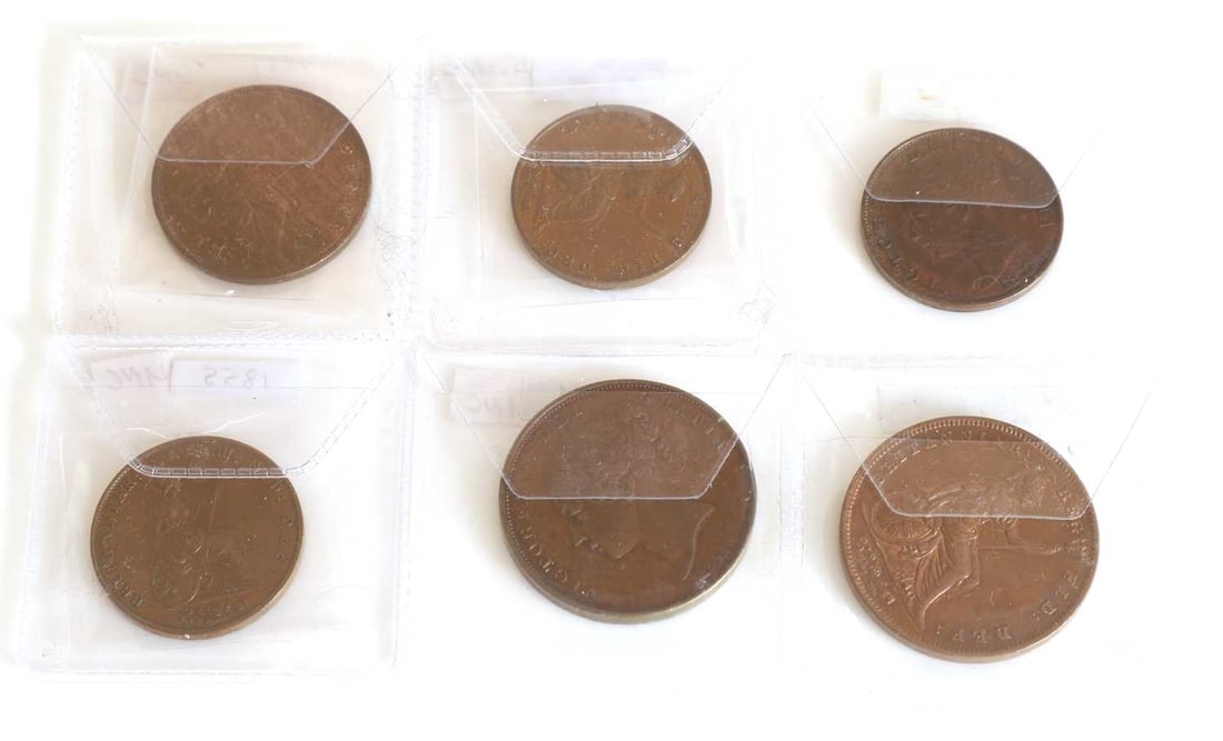 Coins, Great Britain, Victoria (1837-1901),: Coins, Great Britain, Victoria (1837-1901), Halfpenny, 1838, EF with traces of lustre, together with a Penny, 1841, no colon after REG, EF with traces of lustre to the reverse, a Penny, 1851, EF, a