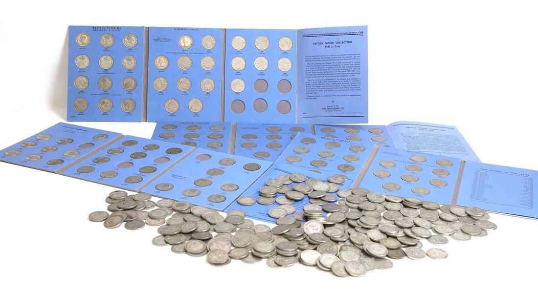 Coins, Great Britain: Coins, Great Britain a selection of 1920-1946 Florins, approx. 83 ozt together with four partially filled Whitman folders