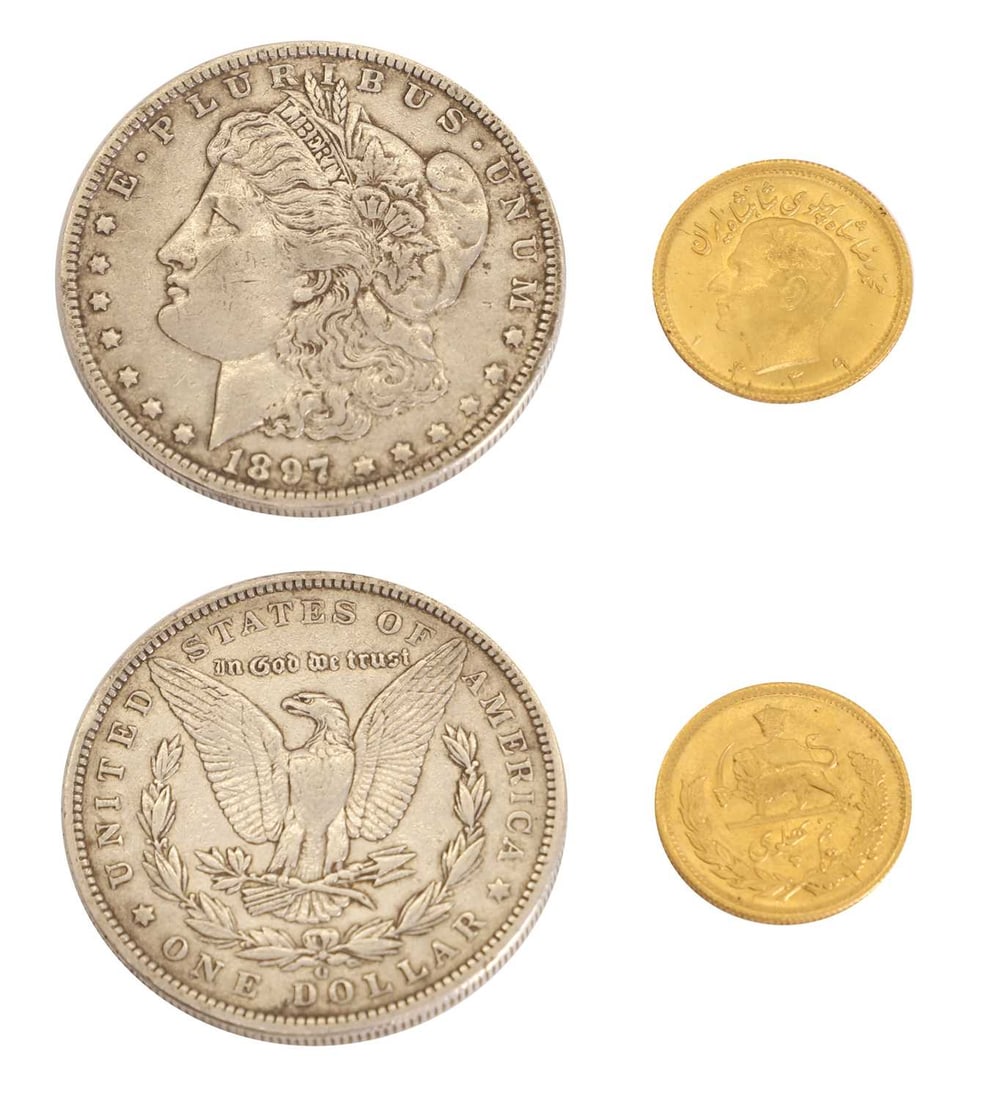 Coins, Iran,: Coins, Iran, Half Pahlavi, VF with die cracks, together with an 1897 Silver Dollar, New Orleans Mint, VF