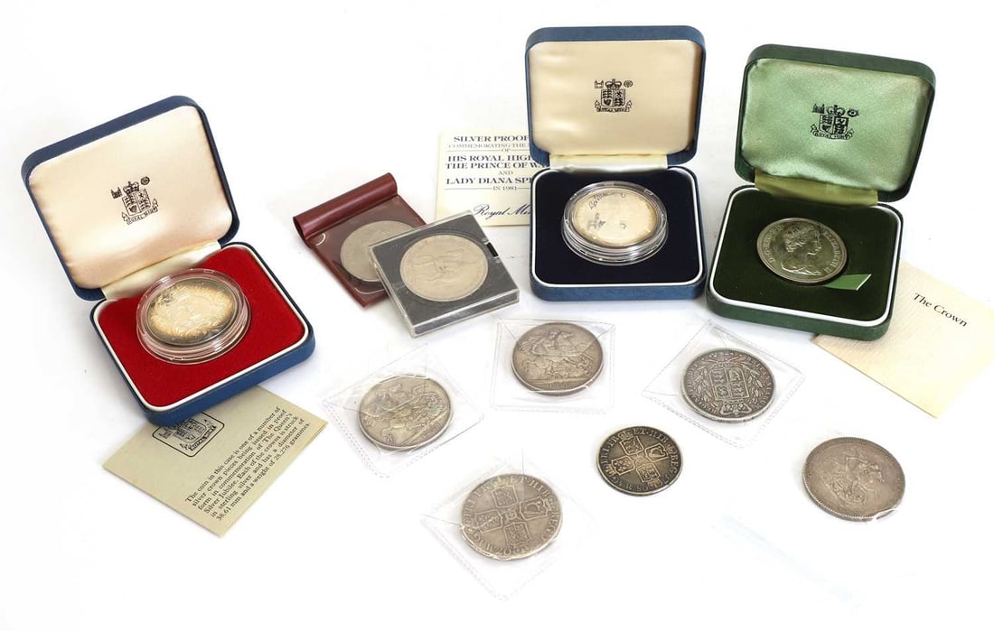 Coins, Great Britain,: Coins, Great Britain, a selection of coins including a 1707 Crown, E below bust for Edinburgh Mint, NF, a 1708 Halfcrown, E below bust for Edinburgh Mint, NF, an 1818 Crown, VF or better with light
