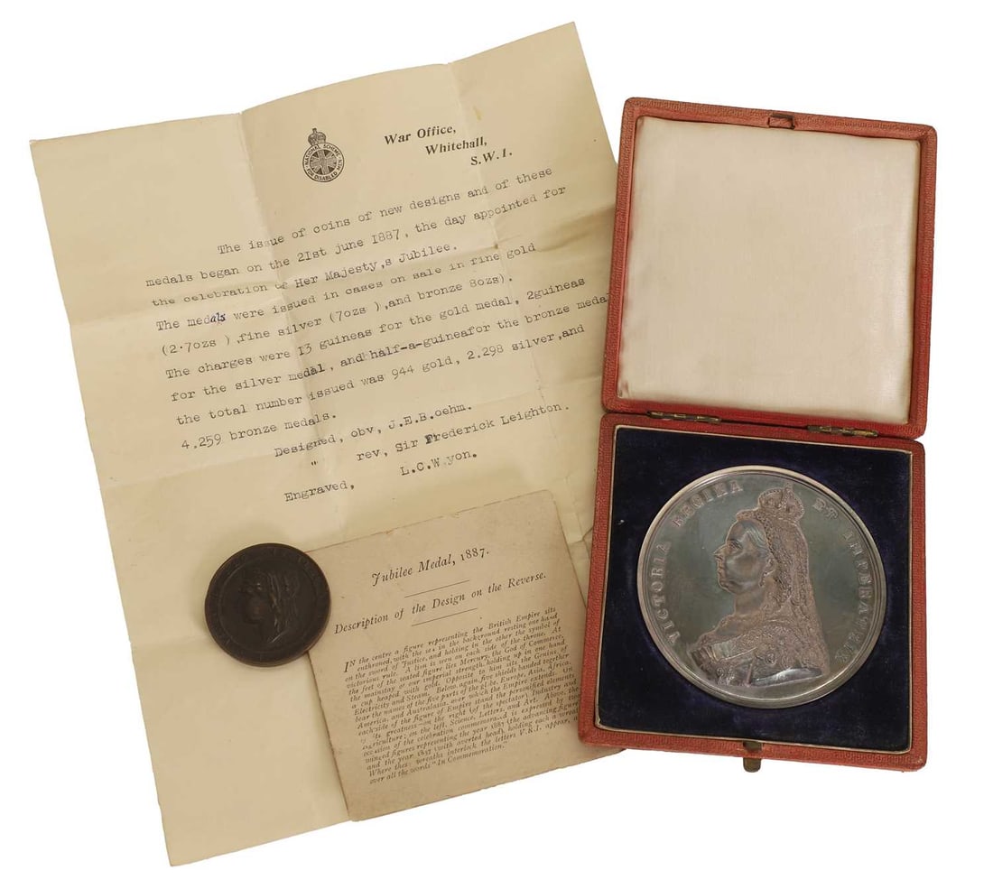 Medals, Great Britain, Victoria (1837-1901),: Medals, Great Britain, Victoria (1837-1901), Golden Jubilee official medal in silver, 1887, by L. C. Wyon after Sir Joseph Edgar Boehm and rev. Sir Frederick Leighton, crowned ‘Jubilee’ bu