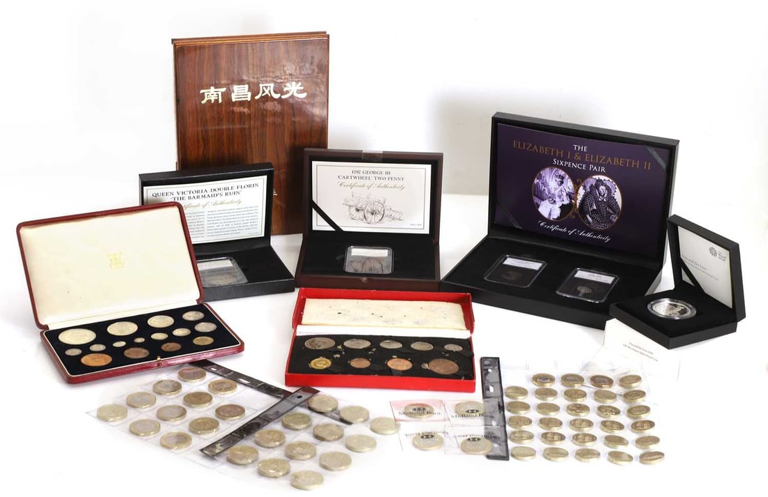 Coins, Great Britain & World,: Coins, Great Britain & World, a selection of coins including a 1937 Specimen Coin Set, fifteen coin set, from Crown to Farthing, virtually as struck, with case of issue, a 1950 Specimen Coin Set,