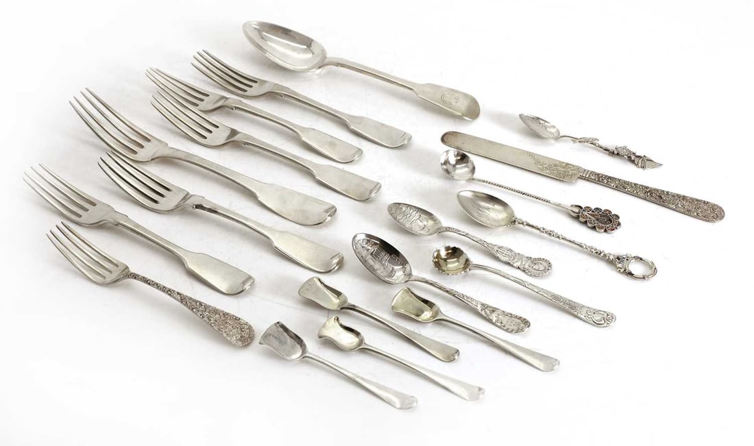 A collection of silver flatware,: A collection of silver flatware, to include three rat tail forks by A B Savory & Sons, London, 1874, and two other forks of a similar design, a dessertspoon, possibly by Morris Cadman, London, 183