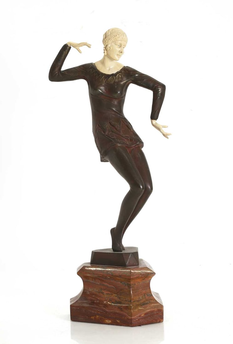 An Art Deco style figure of a dancer, late 20th century,: An Art Deco style figure of a dancer, late 20th century, on a marble plinth 36.5cm high Condition Report: Patination fair overall. The hands and head with rubbing and some wear. The head and shoulder