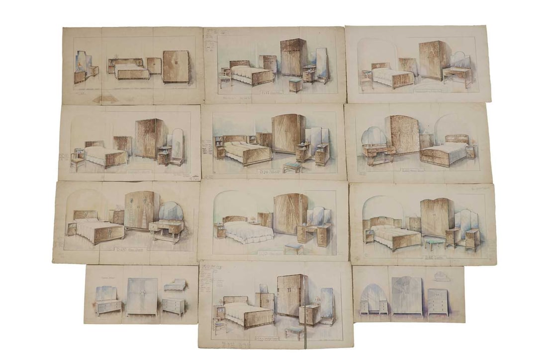 A collection of Art Deco furniture designs, 1930s,: A collection of Art Deco furniture designs, 1930s, each in pencil and watercolour, some titled and annotated, loose largest 50.5 x 34cm 12 Condition Report: Some tears and paper splts, browning to pap