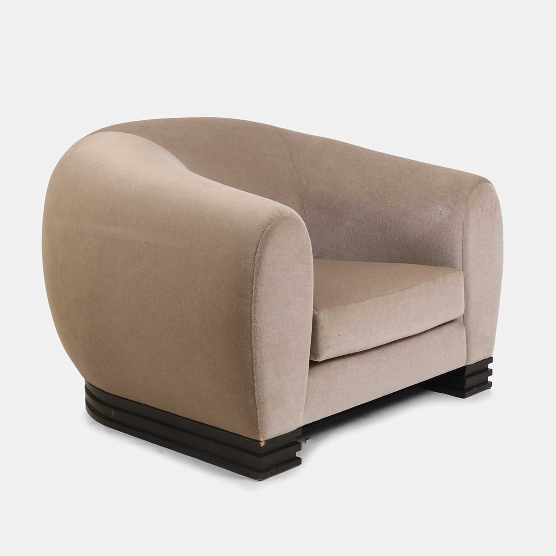 Francis Sultana, an armchair,: Francis Sultana, an armchair, 2012, from the 'St. Moritz' collection, upholstered in grey velvet, raised on a stained oak base, with manufacturer's label 120cm wide, 110cm deep, 85cm high, 41cm to