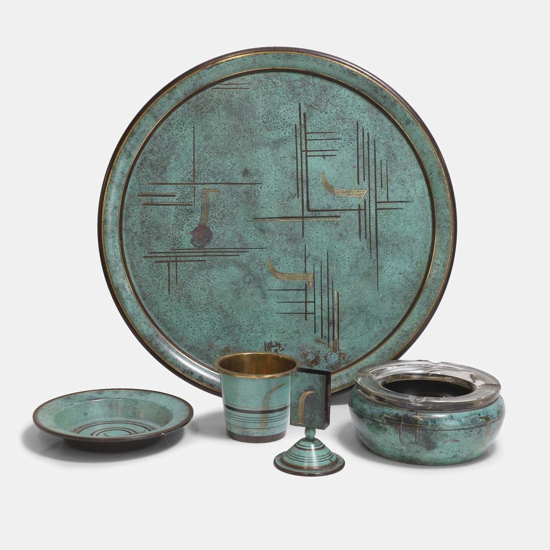 A WMF 'Ikora' Art Deco patinated bronze smoking set, circa 1930s, - 2