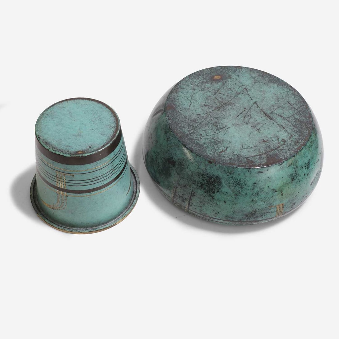 A WMF 'Ikora' Art Deco patinated bronze smoking set, circa 1930s, - 3