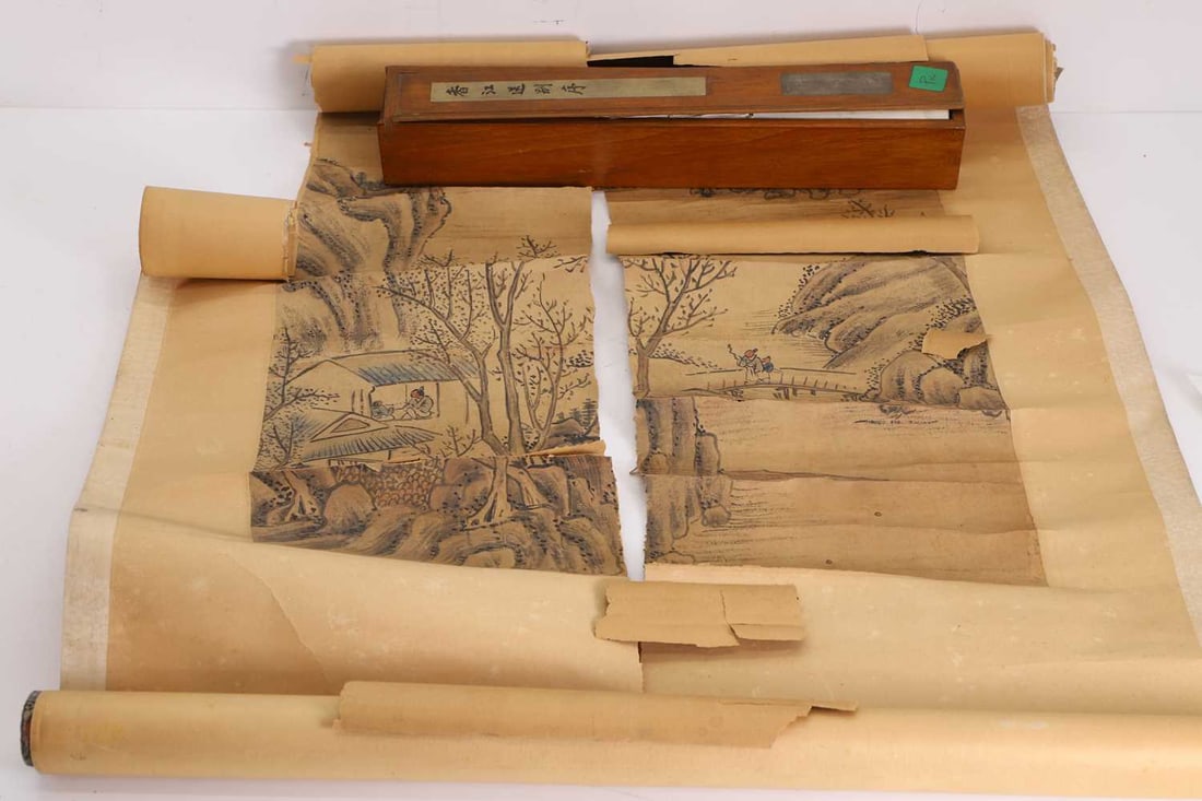 Two Chinese hanging scrolls, 19th-20th century,: Two Chinese hanging scrolls, 19th-20th century, comprising a landscape example, depicting figures crossing a bridge, another of horizontal format painted with calligraphy, each with colophons, with