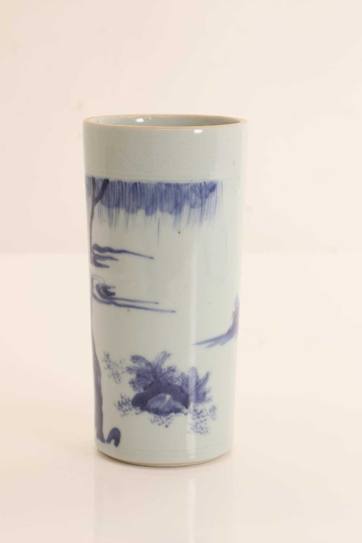 A Chinese blue and white cylindrical brush pot, 20th century, - 2