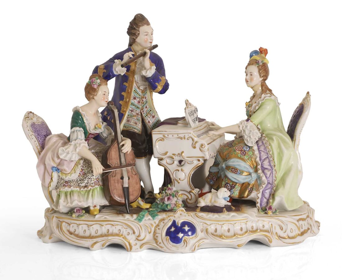 A Dresden porcelain figural group of musicians, early 20th century, in the Rococo taste,: A Dresden porcelain figural group of musicians, early 20th century, in the Rococo taste, possibly Sitzendorf, modelled a musical ensemble, comprising a seated lady at a clavier, a gentleman playing th