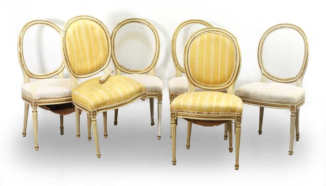 A set of six cream and gilt painted salon chairs, 20th century, (1 of 2)