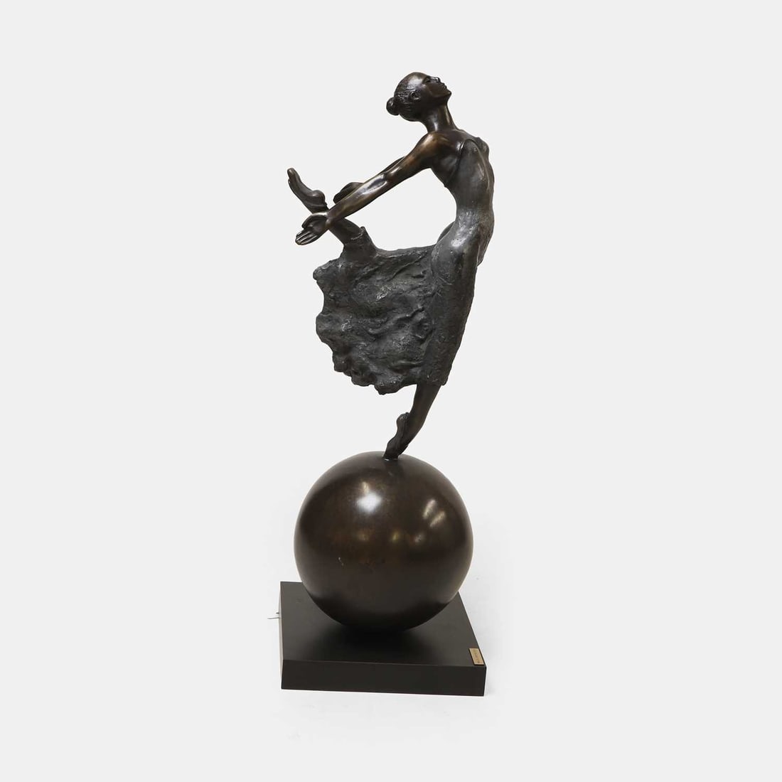 Malka Rosenstein (Israeli, 20th century), 'Dancer',: Malka Rosenstein (Israeli, 20th century), 'Dancer', bronze, raised on a square plinth, with signed plaque 33cm wide, 33cm deep, 96cm high